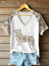 Frauen Wildblumen Corgi bedrucktes lässiges T-Shirt